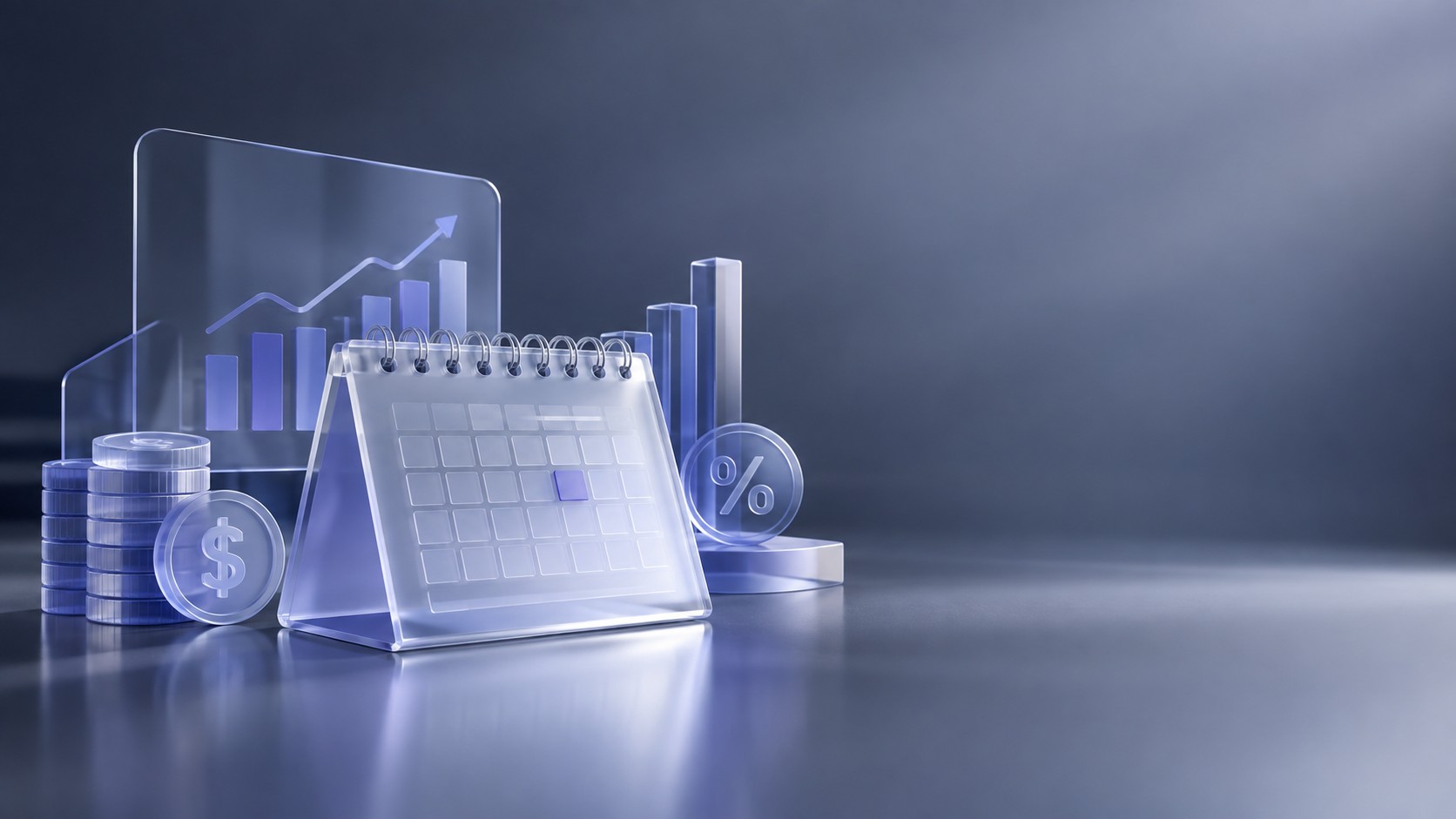 Elegant desk calendar with financial icons and a chart in the background