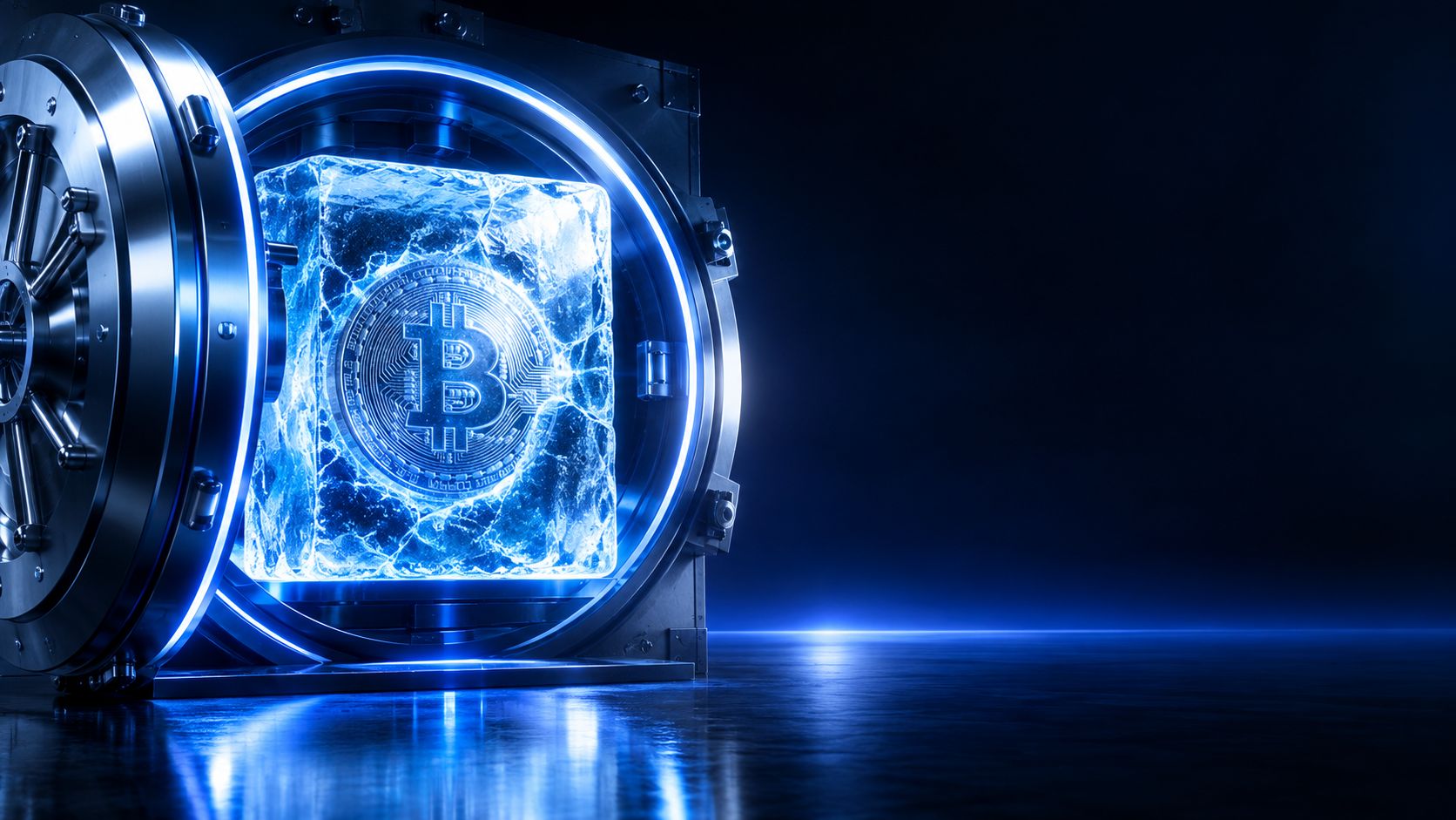 Frozen ice block encasing a crypto coin in a secure vault