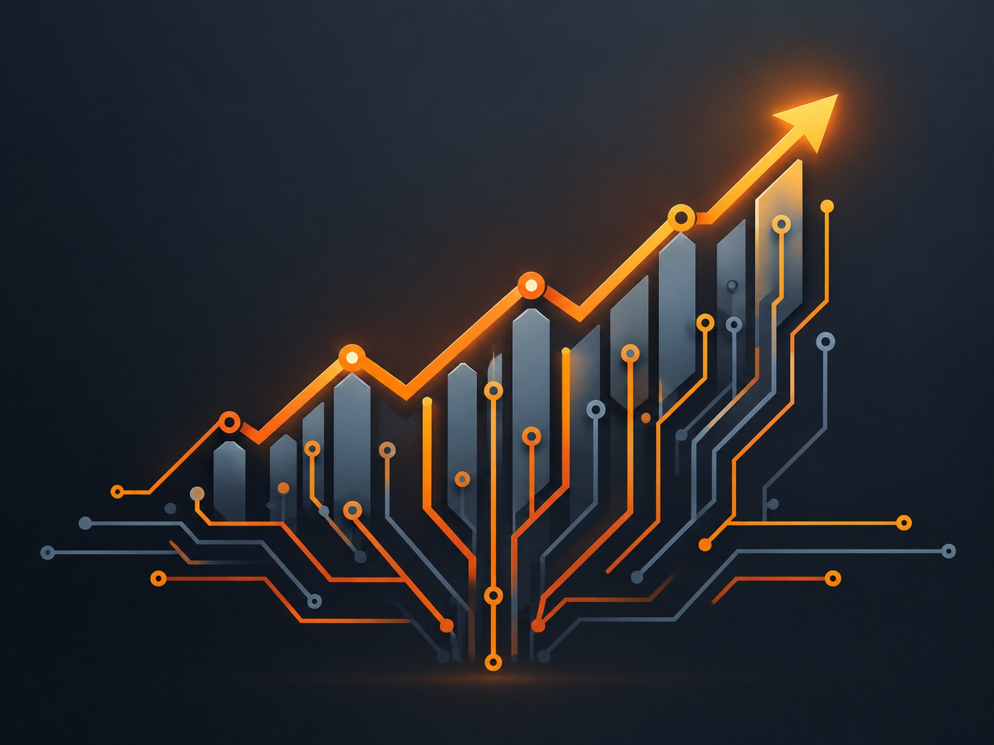 Abstract circuit patterns forming a rising stock chart